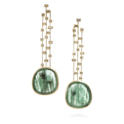 Todd Reed earrings with white diamond baguettes (~.32ct), white princess cut diamonds (~.36ct) emerald slices (~18.49ct), and 18k yellow gold